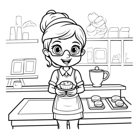 Coloring Page Outline Of a Cute Little Girl Cooking in the Kitch