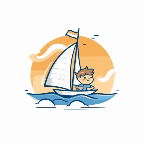 Sailing boy on sailboat. Vector illustration. Flat style.