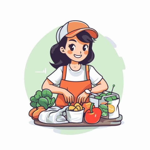 Vector illustration of a girl in a cap and apron preparing healt