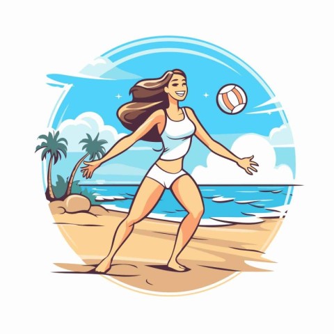 Girl playing volleyball on the beach. Vector illustration in car