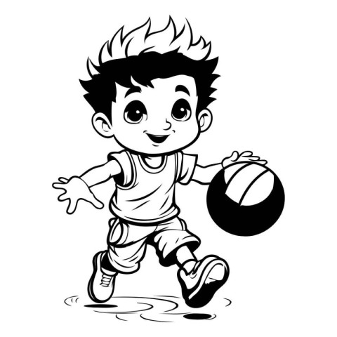 Black and White Cartoon Illustration of a Kid Playing Basketball