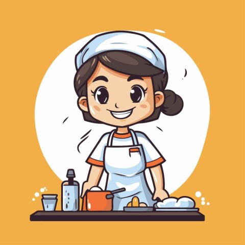 Cute little chef girl in uniform cooking in kitchen. Vector illu