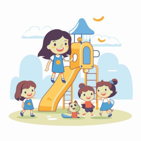 Children playing on the playground. Vector illustration of a hap