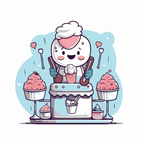 Cute chef with ice cream. Vector illustration in cartoon style.