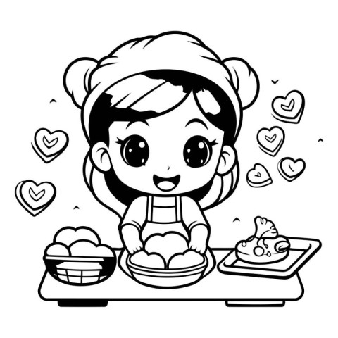 Vector illustration of a cute little girl cooking in the kitchen