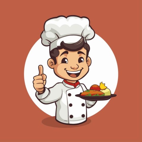 Chef holding a plate of food and showing thumbs up. Vector illus