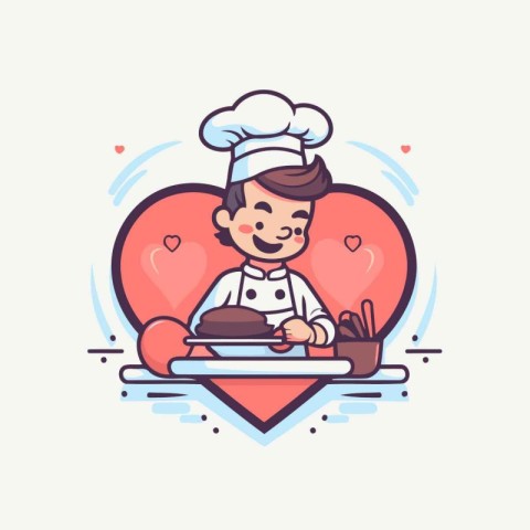 Cute boy chef with a tray of food. Vector illustration.