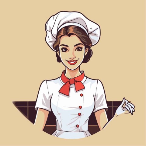 Smiling young woman chef in uniform. Vector illustration in retr