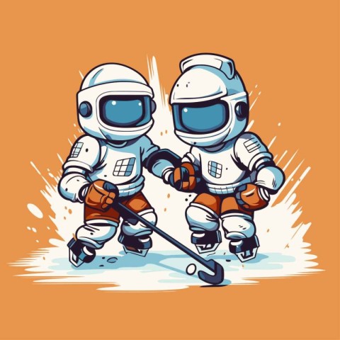 Astronauts playing ice hockey. Vector illustration of cartoon st