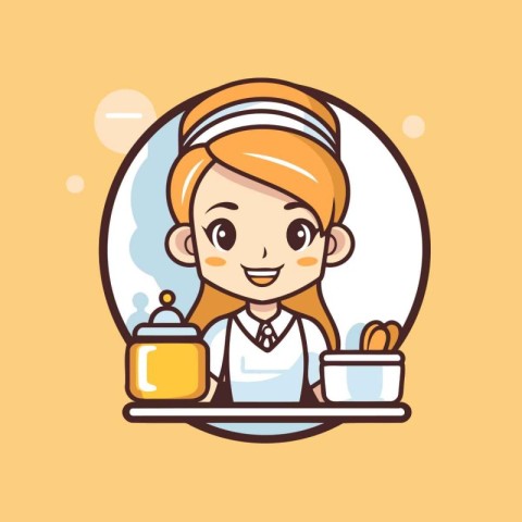 Cafe waitress holding tray with food and drink. Vector illustrat