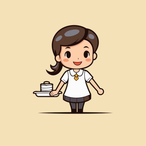 Cute girl holding a plate of pancakes. Vector cartoon illustrati