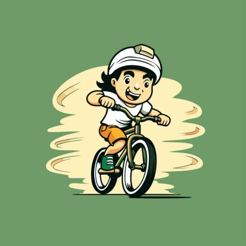 Boy in helmet riding a bicycle. Vector illustration on green bac