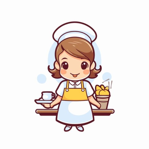 Cute cartoon chef girl with dish and cup of coffee. Vector illus