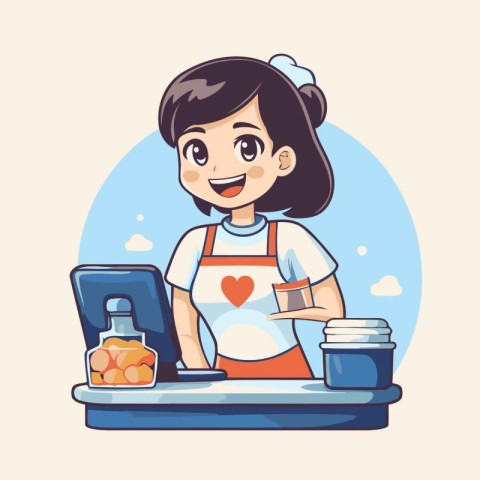 Cute girl in apron cooking food at home. Vector illustration.