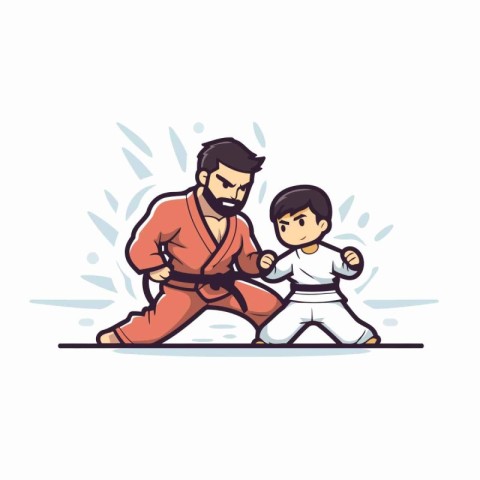 Karate fighter with his son. Vector illustration in cartoon styl