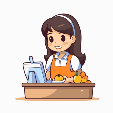 Cute little girl in apron with fruits and vegetables. Vector ill