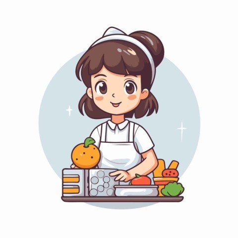 Cute little girl cooking healthy food in the kitchen. Vector ill