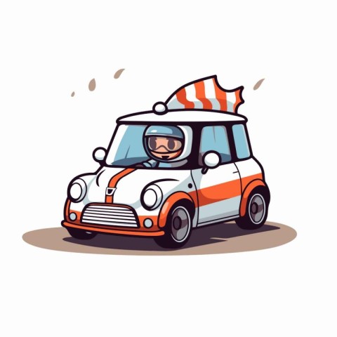 Cartoon style illustration of a vintage car with a driver helmet