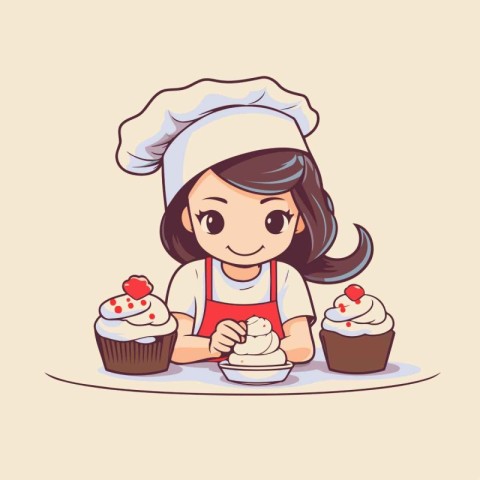 Cute little chef girl with cupcakes. cartoon vector illustration