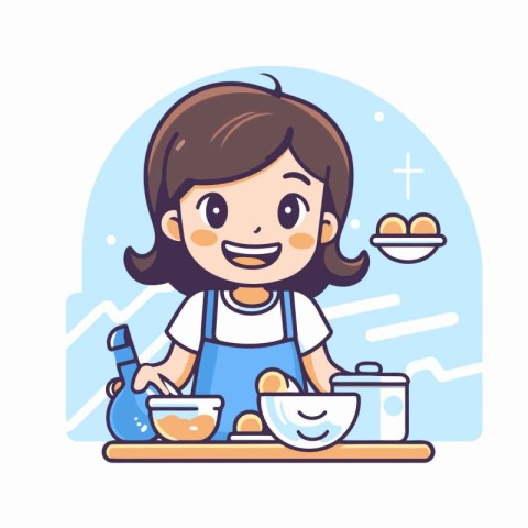 Cute little girl cooking at home. Vector illustration in cartoon