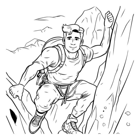 Outline illustration of a young man climbing a rock in the mount