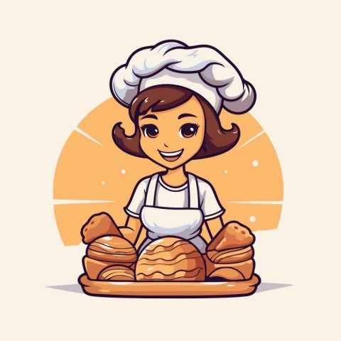 Cute cartoon girl chef with croissants. Vector illustration.