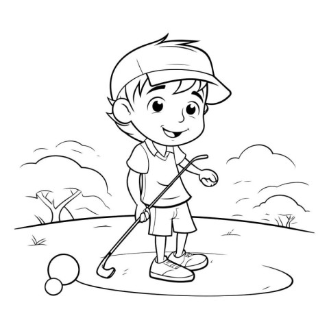 Coloring Page Outline Of a Little Boy Playing Golf Vector Illust