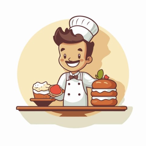 Chef with a plate of cakes. Vector illustration in cartoon style