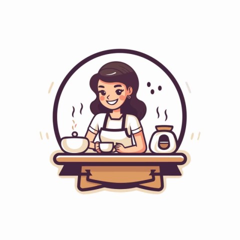 Cute woman in apron serving hot tea. Vector illustration.