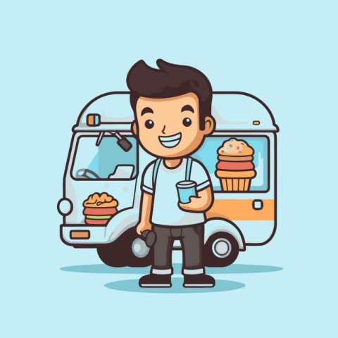 Cute boy with coffee and food truck cartoon vector illustration