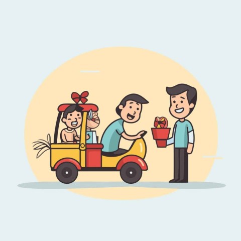 Happy family. Father. mother and child on the car. Vector illust