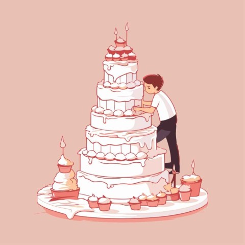 Illustration of a man decorating a cake on a pink background