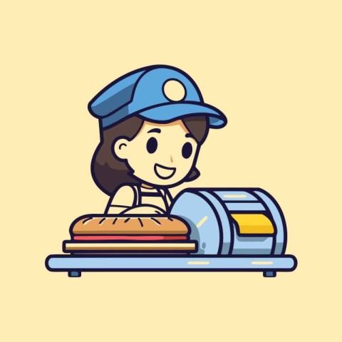 Illustration of a girl in a police cap with a sandwich.