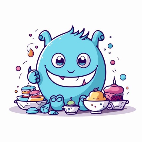 Cute cartoon monster with cupcakes. tea and sweets. Vector illus