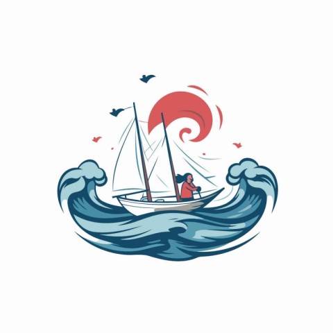 Sailing boat with a sail on the waves. Vector illustration.