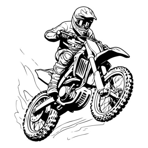 Motocross rider on the race. Vector illustration. Monochrome.