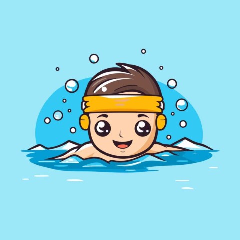 Cute boy in swimming cap and goggles. Cartoon vector illustratio