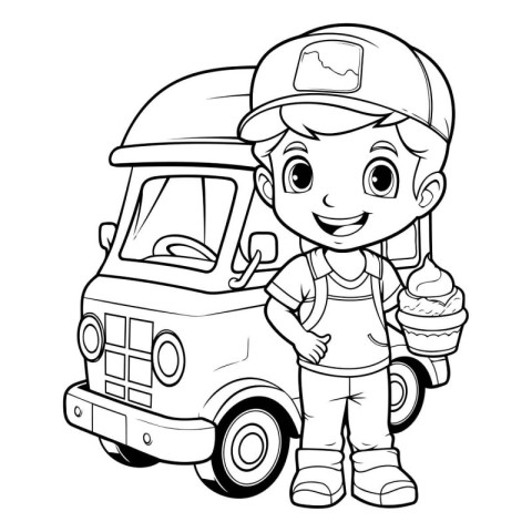 Black and White Cartoon Illustration of Cute Little Boy with Ice