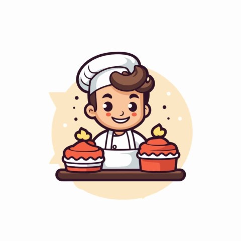 Cute boy chef with cupcakes. Vector illustration in cartoon styl