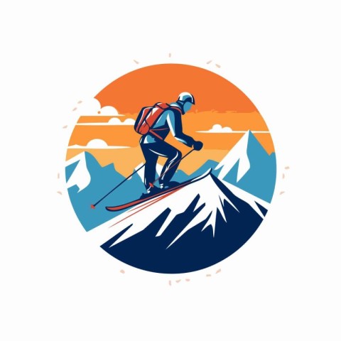 Skier on the top of the mountain. Vector illustration in flat st