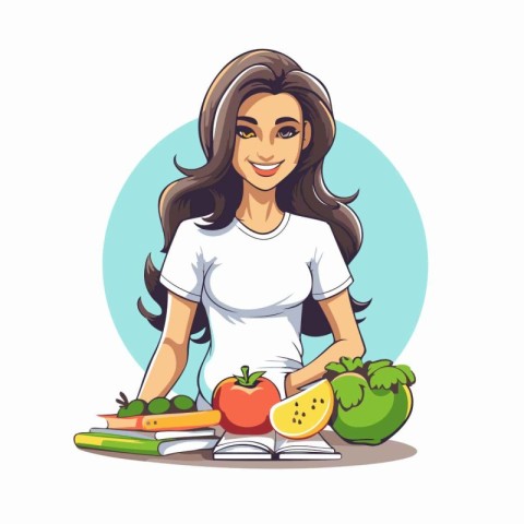 Young woman with fruits and vegetables. Vector illustration in c