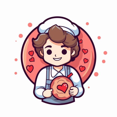 Cute cartoon chef holding donut with heart shape. Vector illustr