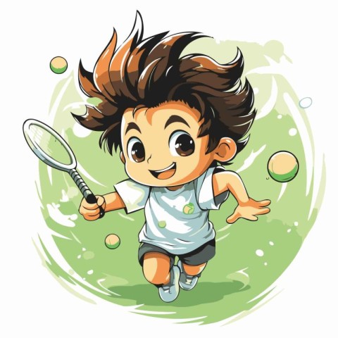 Cartoon boy playing tennis with racket and ball. Vector illustra