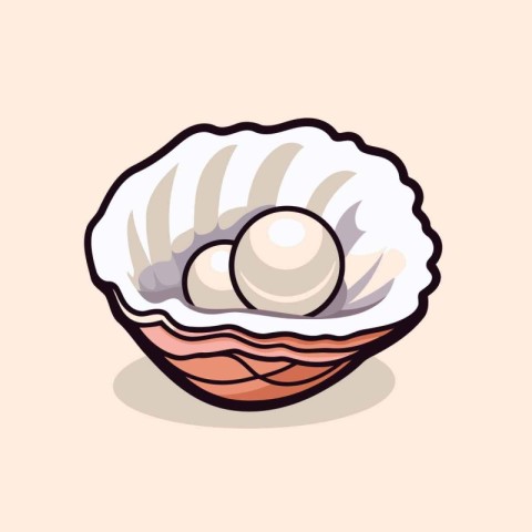 Illustration of an oyster shell with pearl inside. Vector illust