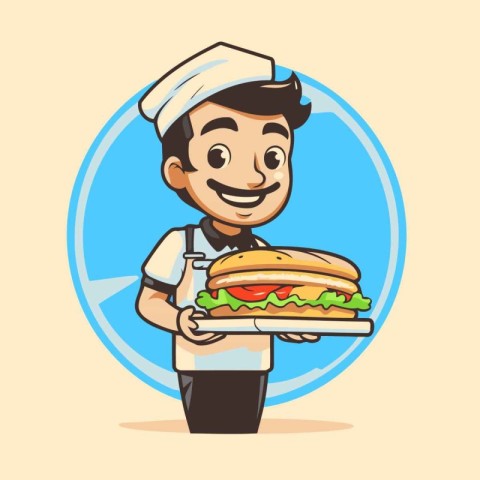 Cartoon chef holding a hamburger. Vector illustration in cartoon