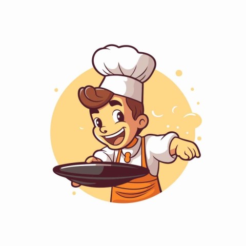 Chef boy cartoon character holding a frying pan. Vector illustra