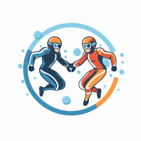 Vector illustration of two scuba divers jumping into the water.