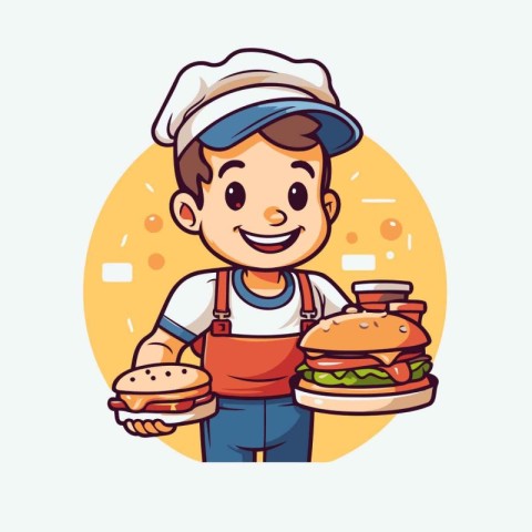 Chef boy holding hamburger and sandwich cartoon vector illustrat