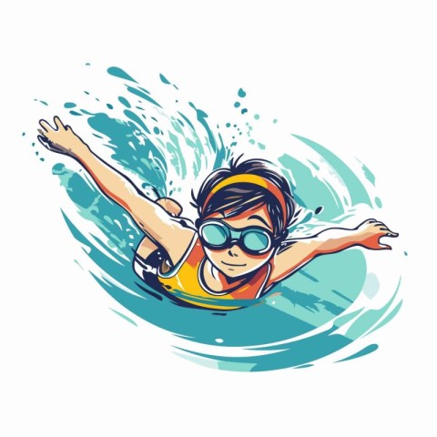 vector illustration of a boy swimming in the pool with a surfboa