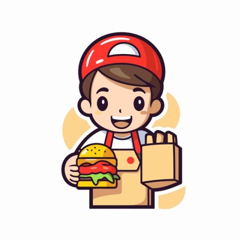 Cute fast food delivery boy with hamburger. Vector illustration.